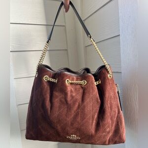 Coach Evelyn Chocolate Brown Suede Shoulder Bag with Gold Chain